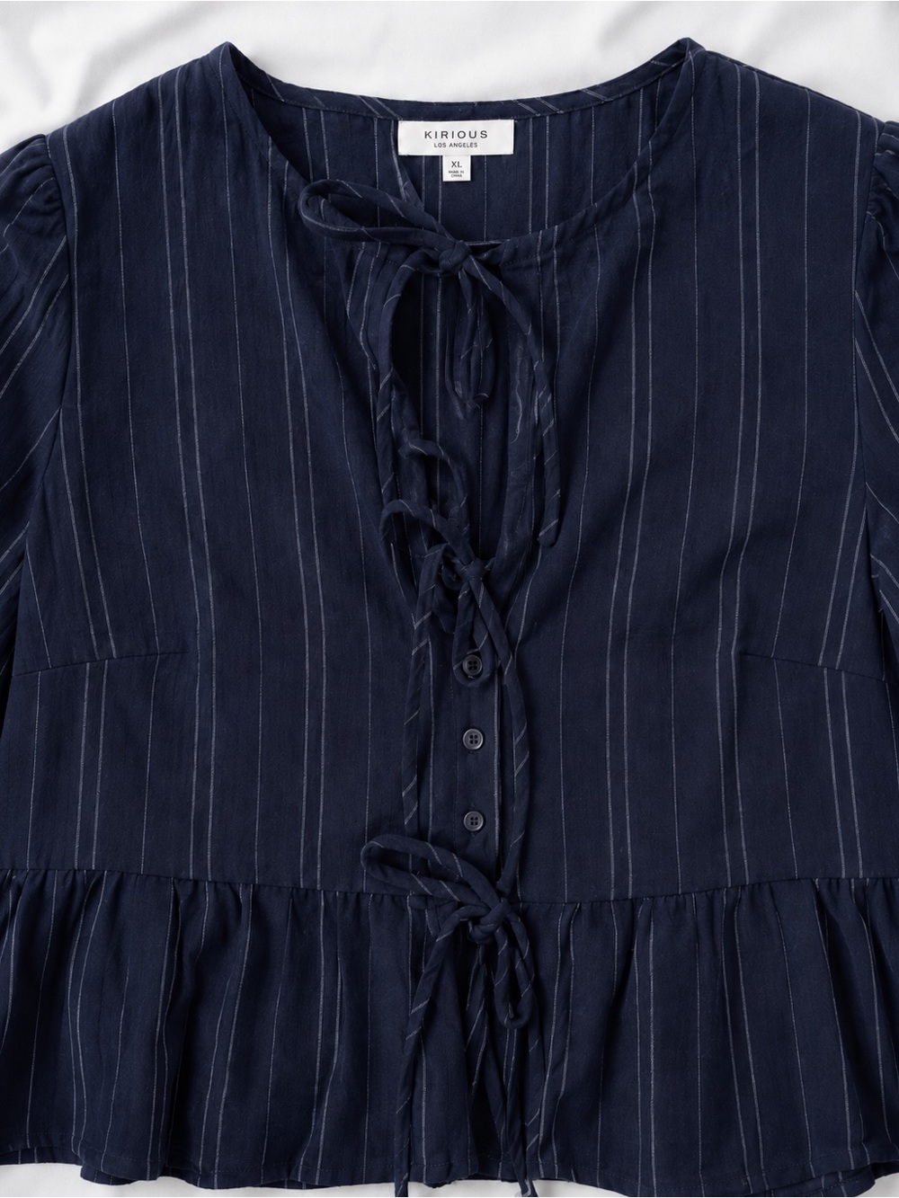 Kirious Navy Pinstripe Tie-Front Peplum Blouse Fits like Medium and Large - Picture 3 of 6